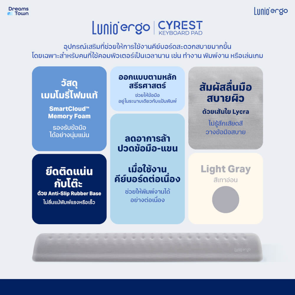 แผ่นรองข้อมือคีย์บอร์ด LUNIO ERGO CYREST KEYBOARD PAD LIGHT GRAY สีเทาอ่อน_7